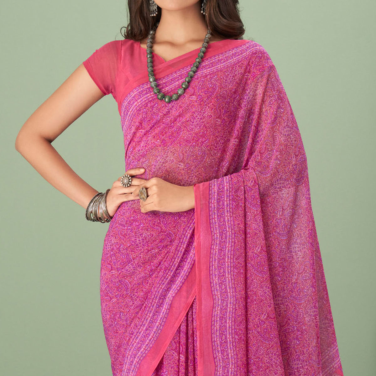 Pink Printed Georgette Saree