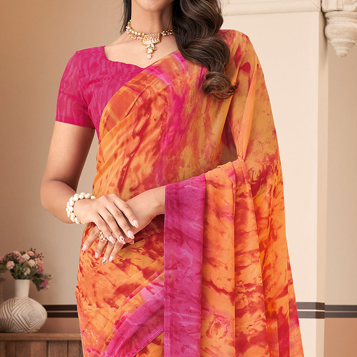 Orange Printed Georgette Saree