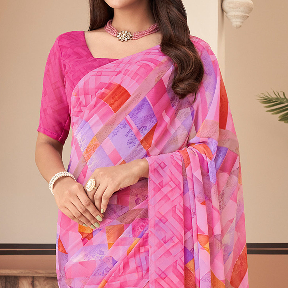 Pink Geometric Printed Georgette Saree