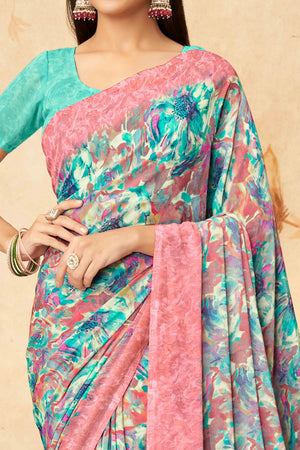Turquoise Floral Printed Georgette Saree