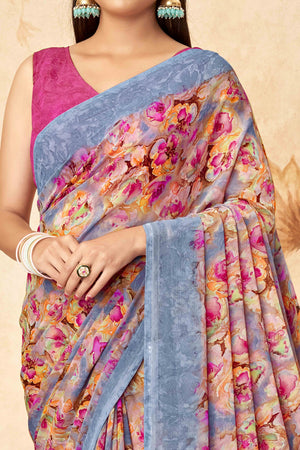 Grey Floral Printed Georgette Saree