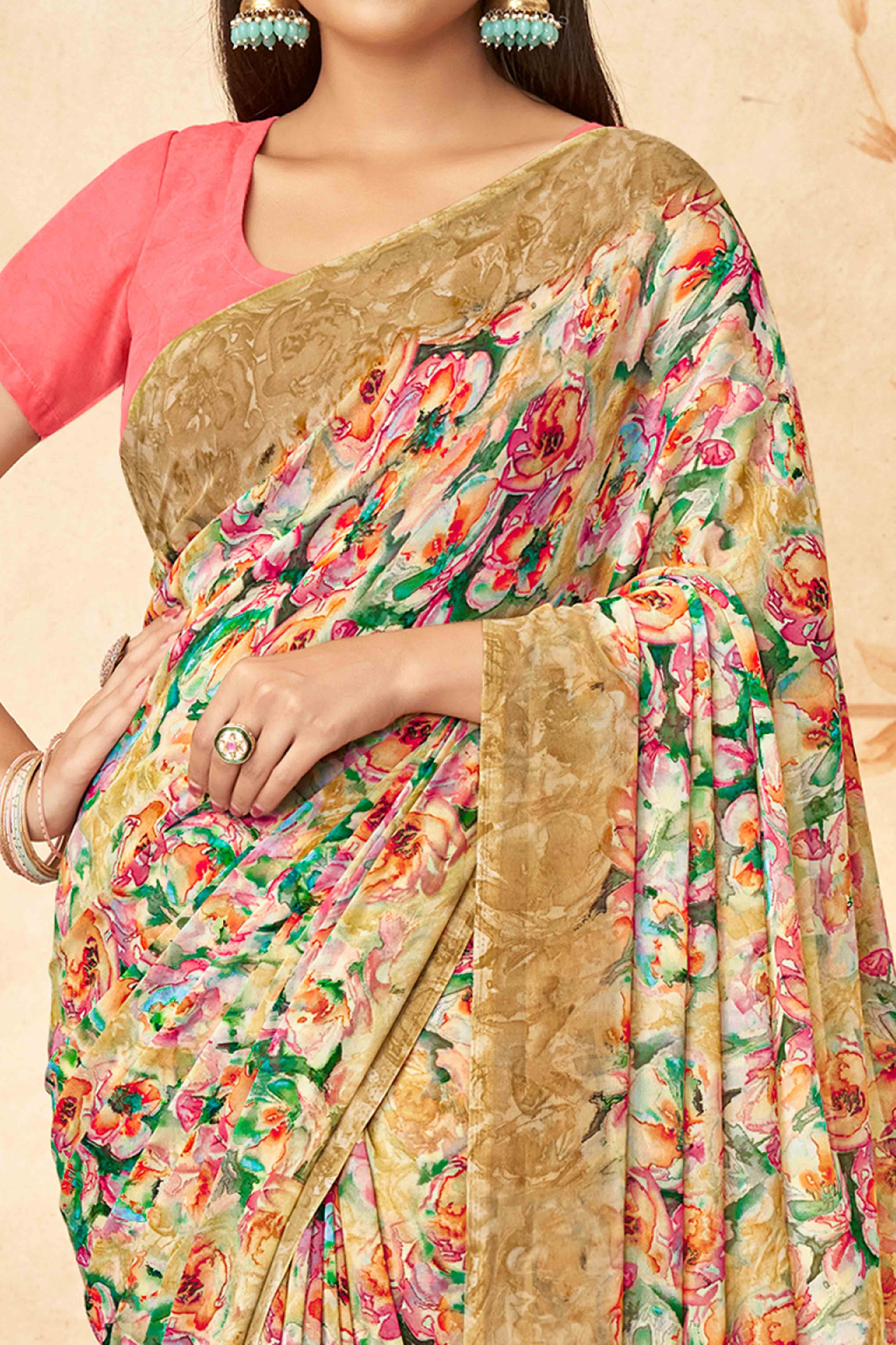 Beige Floral Printed Georgette Saree