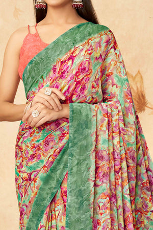 Green Floral Printed Georgette Saree