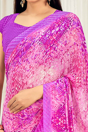Pink Georgette Saree Adorned With Contemporary Geometric Print