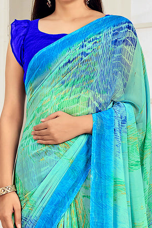 Blue Georgette Saree With Artistic Abstract Print
