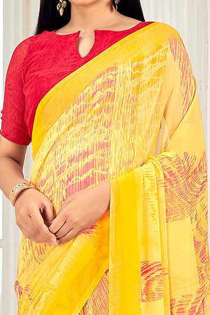 Yellow Georgette Saree With Artistic Abstract Print