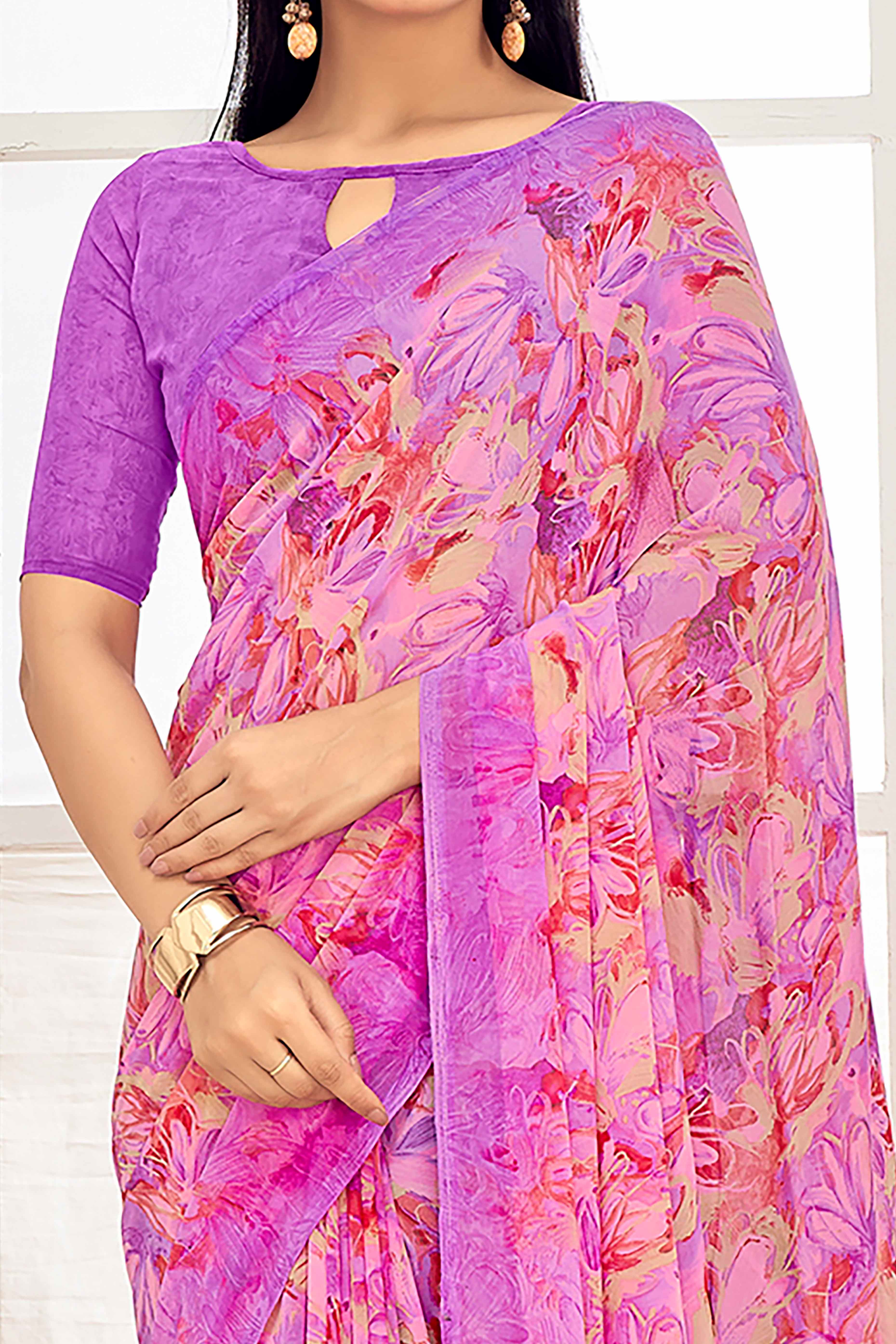 Purple Georgette Saree With Delicate Floral Print