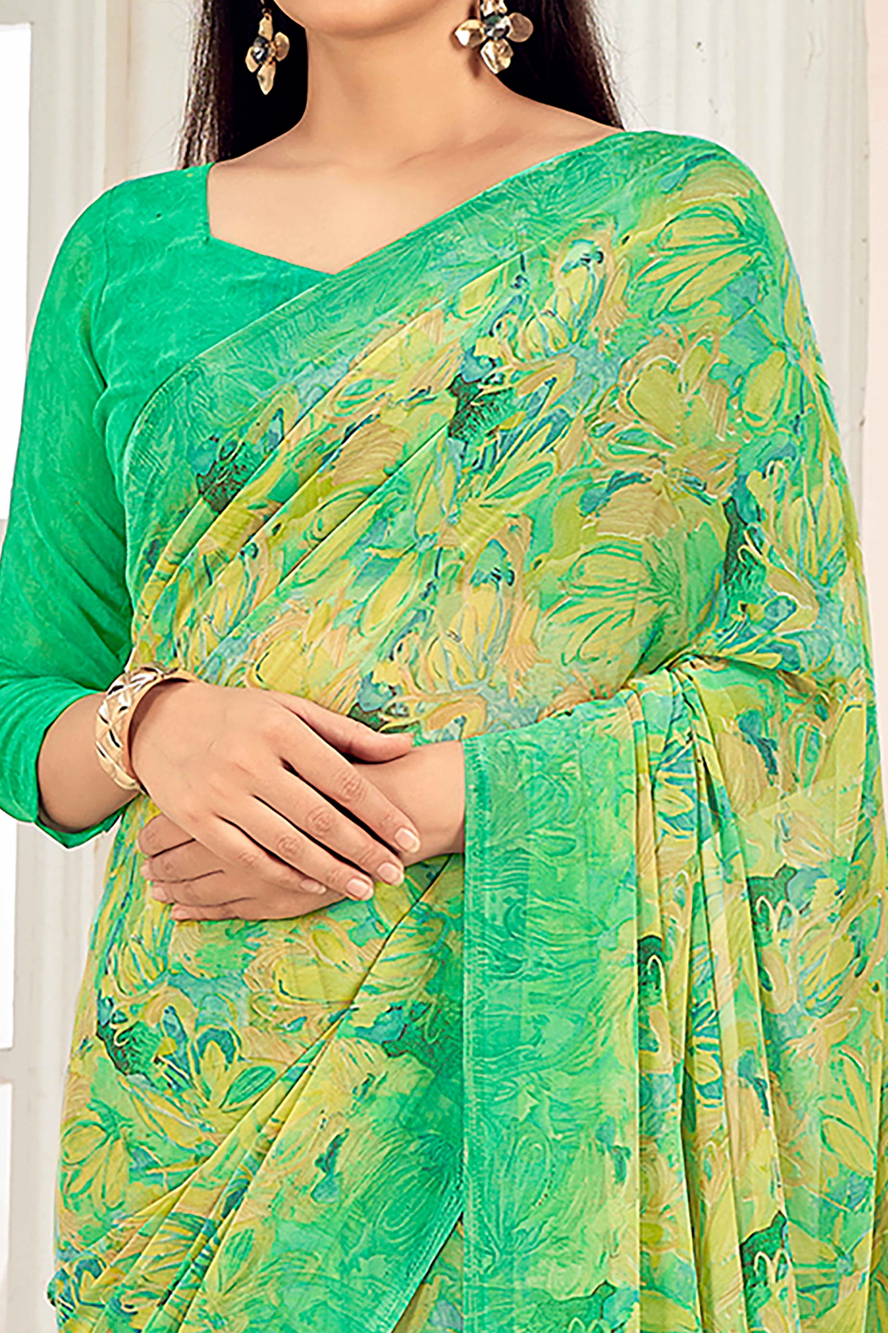 Green Georgette Saree With Delicate Floral Print