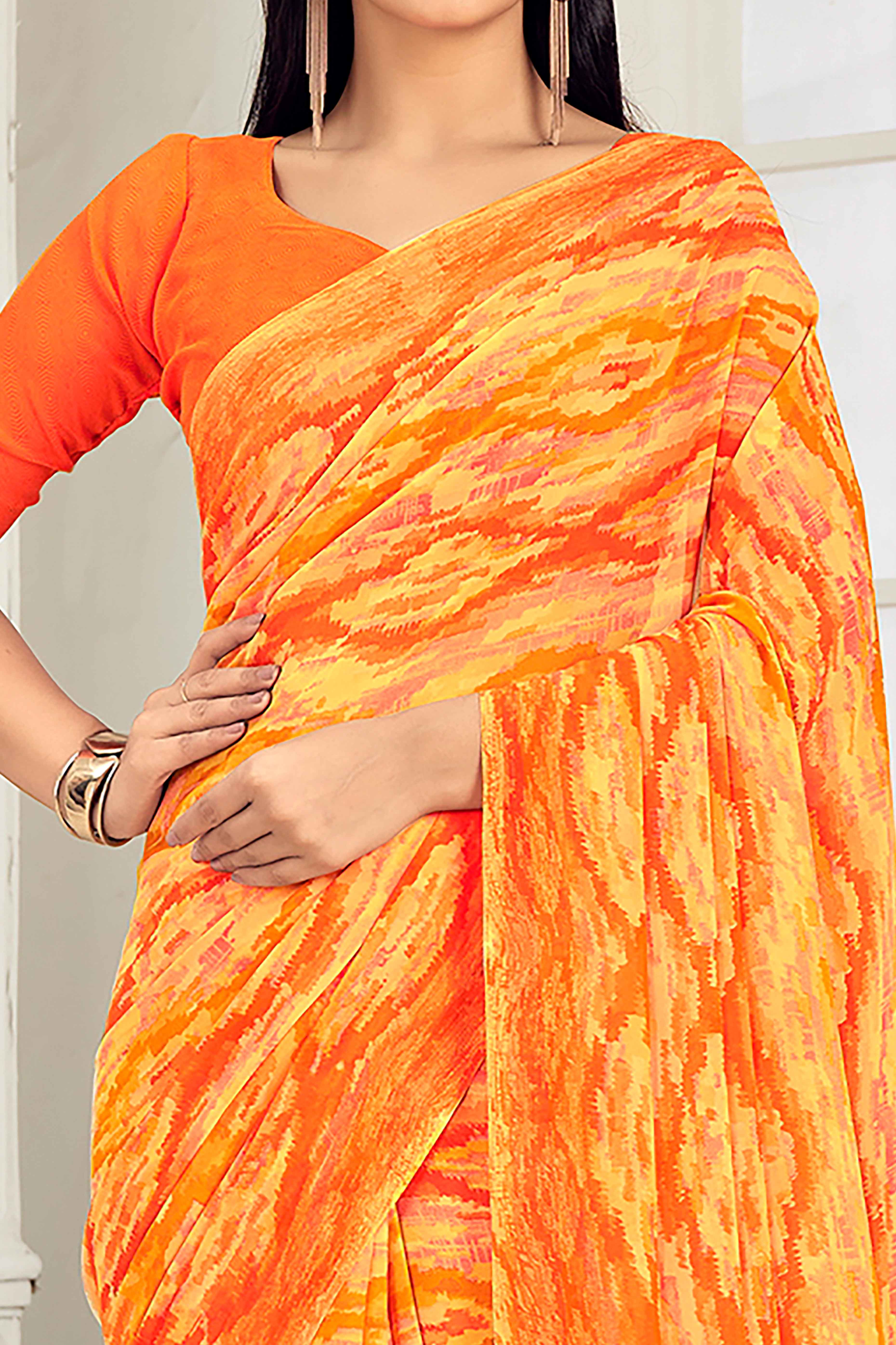 Orange Georgette Saree With Artistic Abstract Print