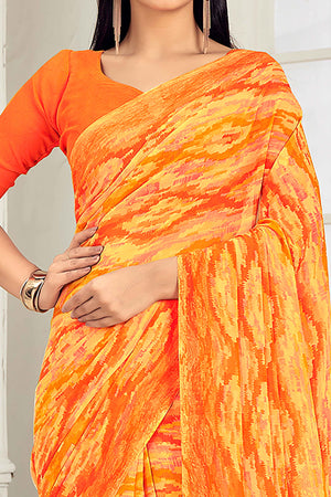 Orange Georgette Saree With Artistic Abstract Print
