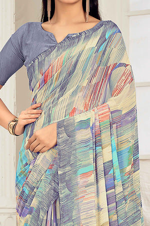 Grey Georgette Saree Adorned With Contemporary Geometric Print