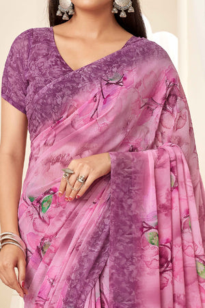 Pink Georgette Saree With Delicate Floral Print