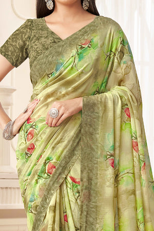 Olive Green Georgette Saree With Delicate Floral Print