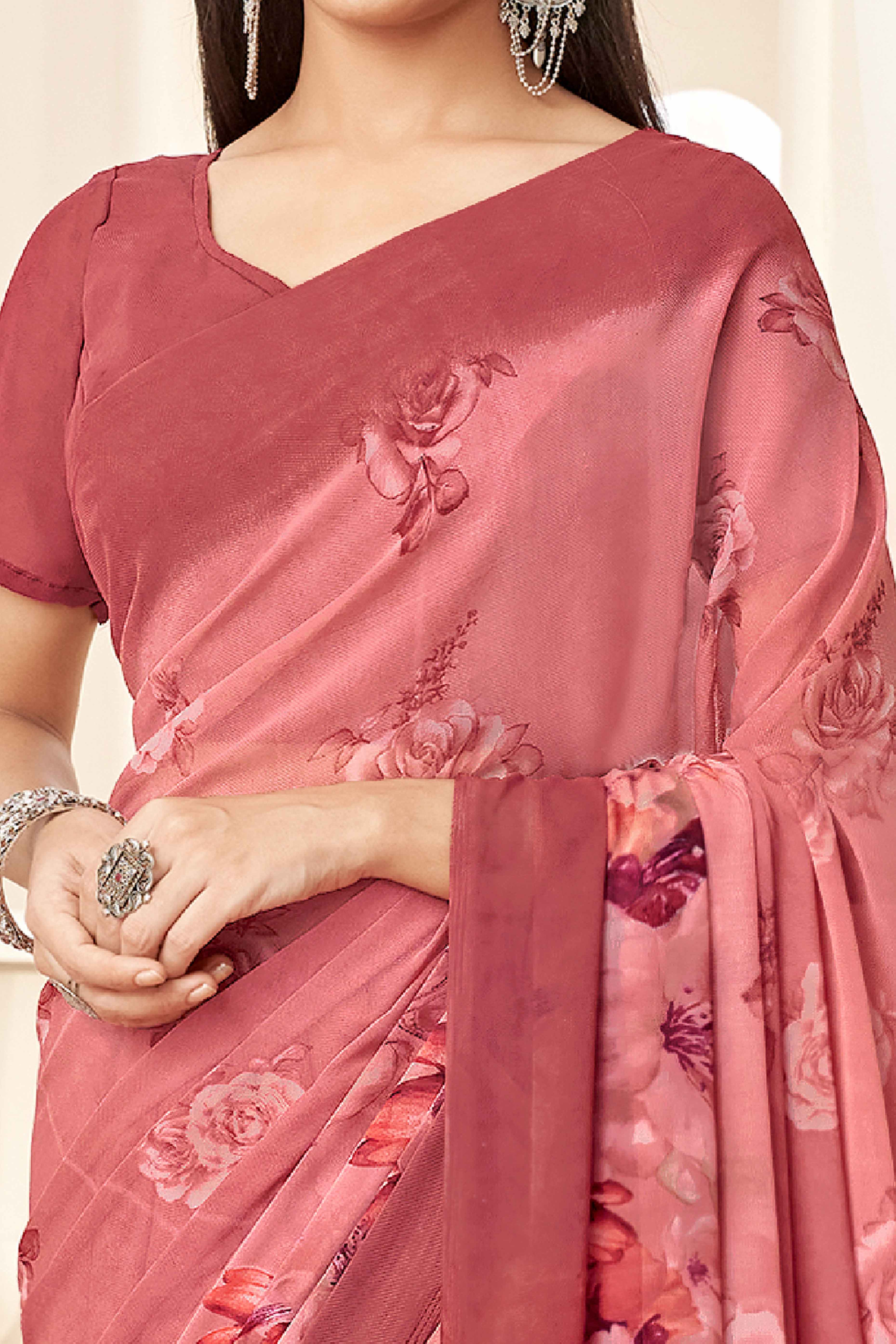 Coral Pink Georgette Saree With Delicate Floral Print