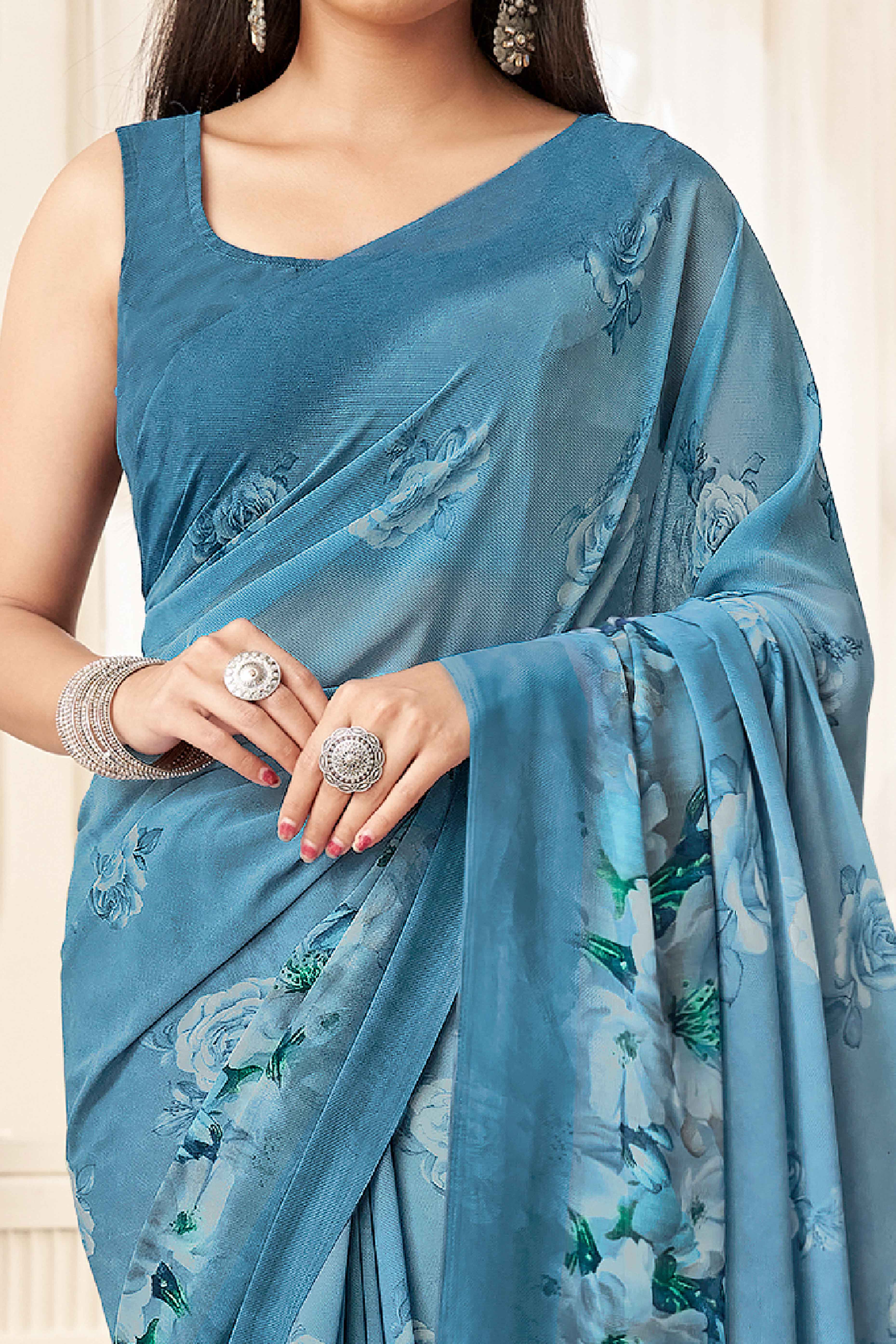 Blue Georgette Saree With Delicate Floral Print