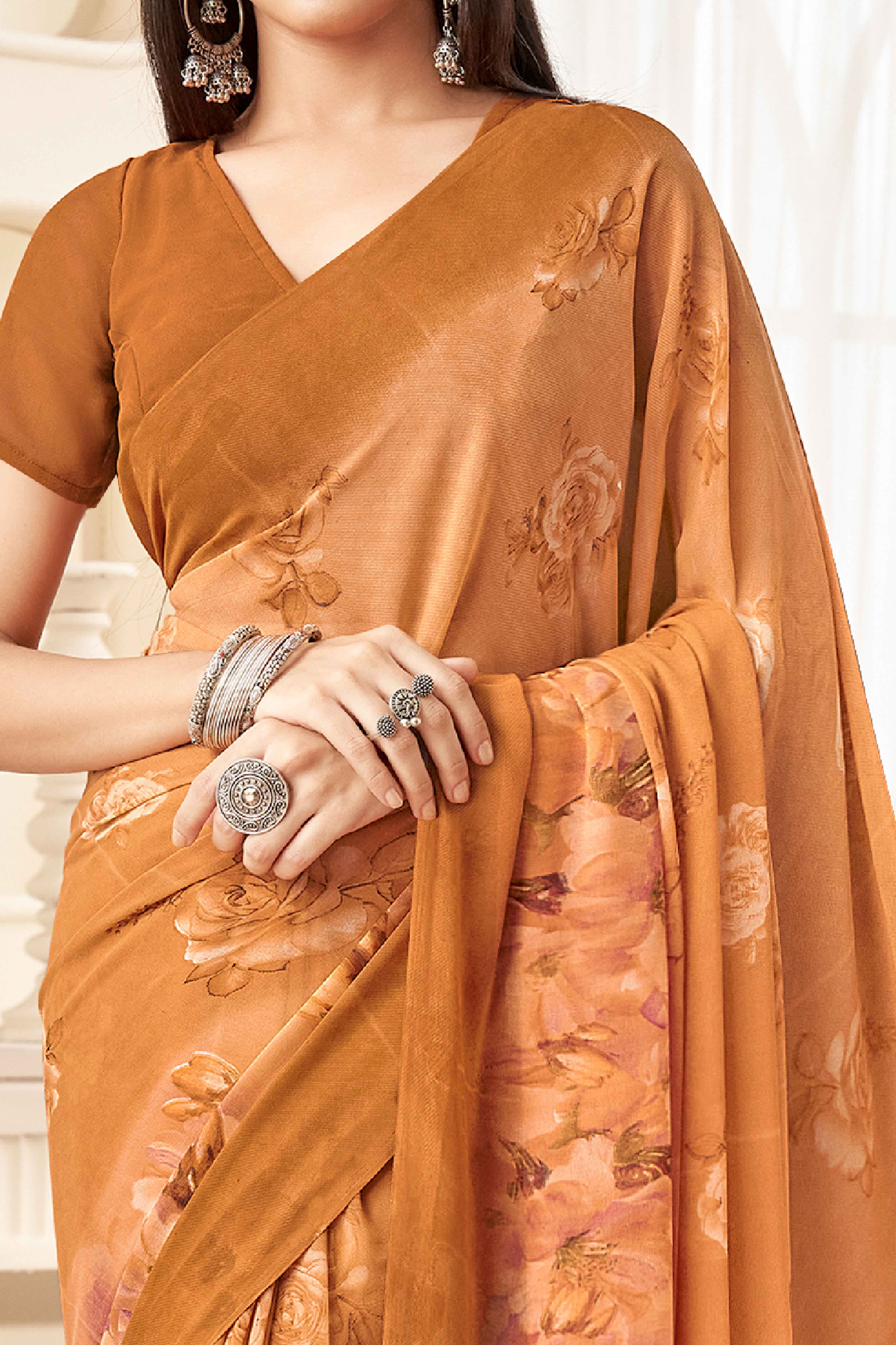 Light Brown Georgette Saree With Delicate Floral Print