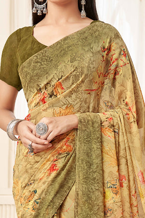 Beige Georgette Saree With Delicate Floral Print
