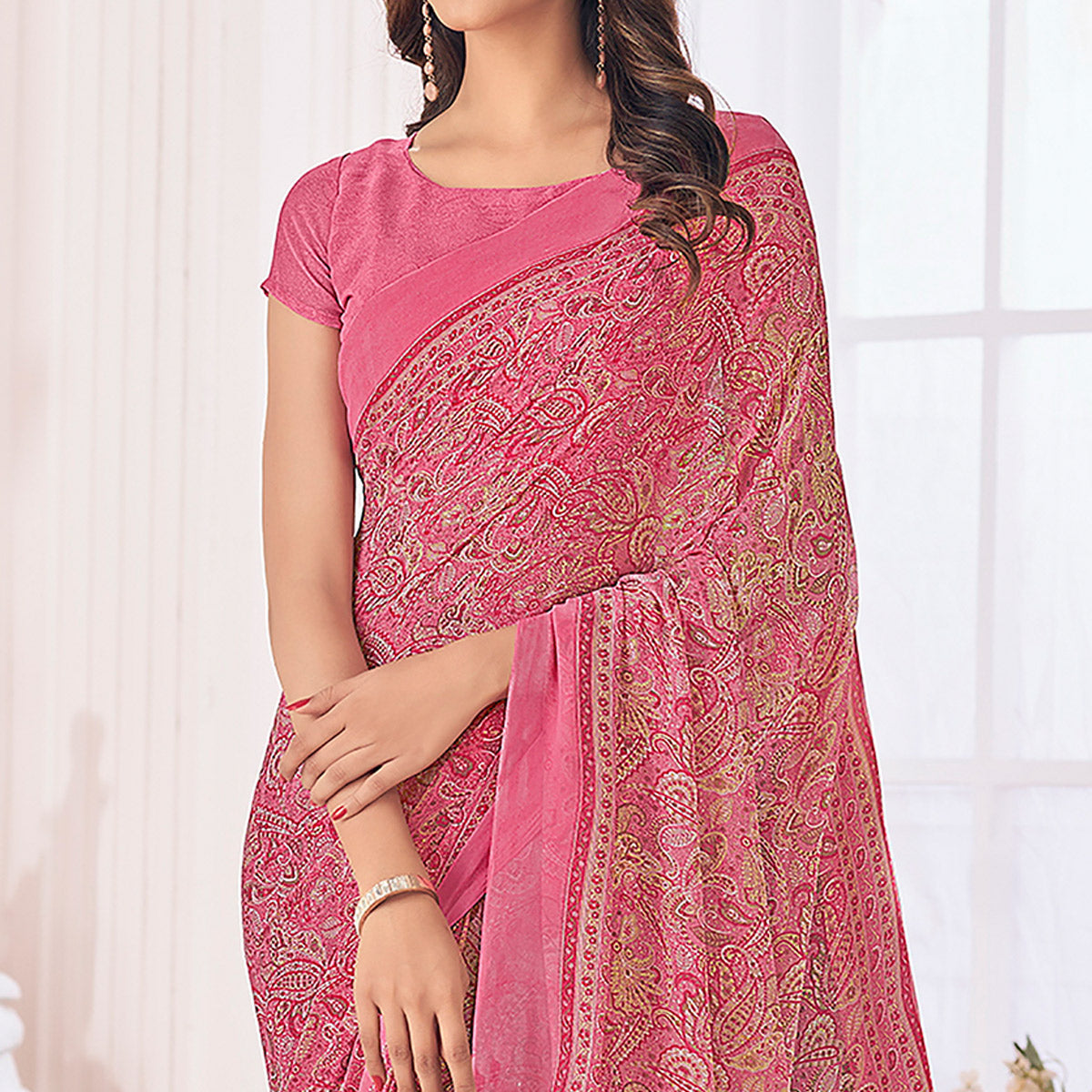 Pink Printed Georgette Saree
