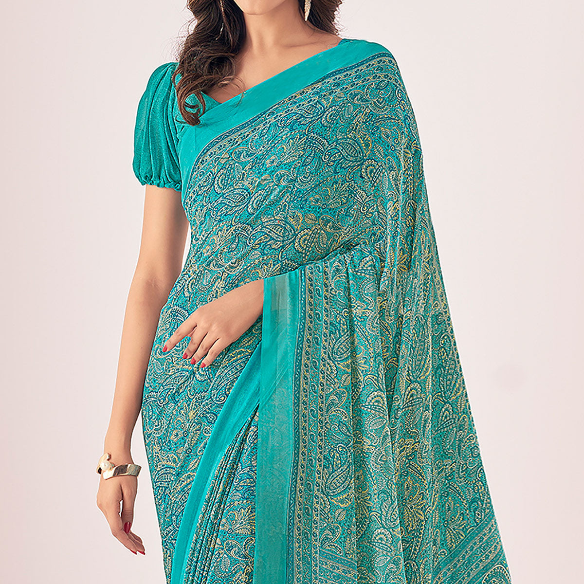 Rama Blue Printed Georgette Saree
