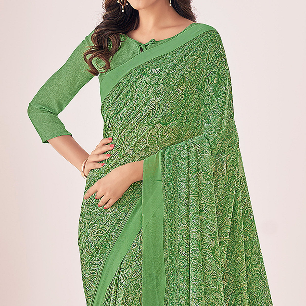 Green Printed Georgette Saree