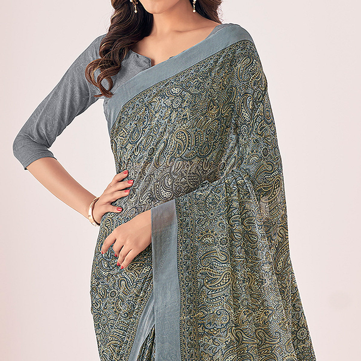 Grey Printed Georgette Saree