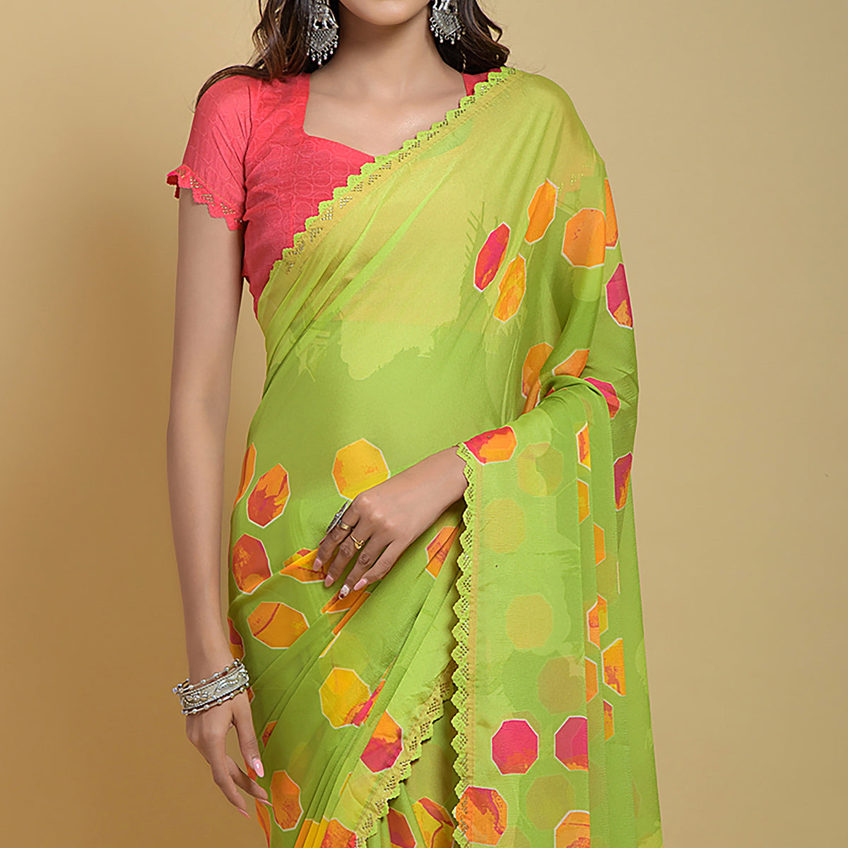 Lime Green Printed Georgette Saree With Swarovski Border
