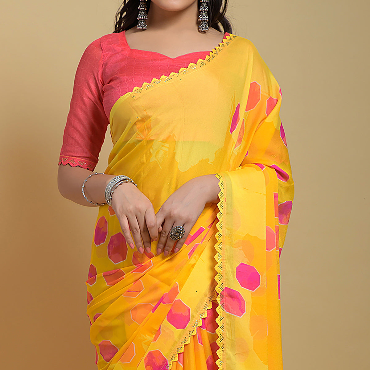 Yellow Printed Georgette Saree With Swarovski Border