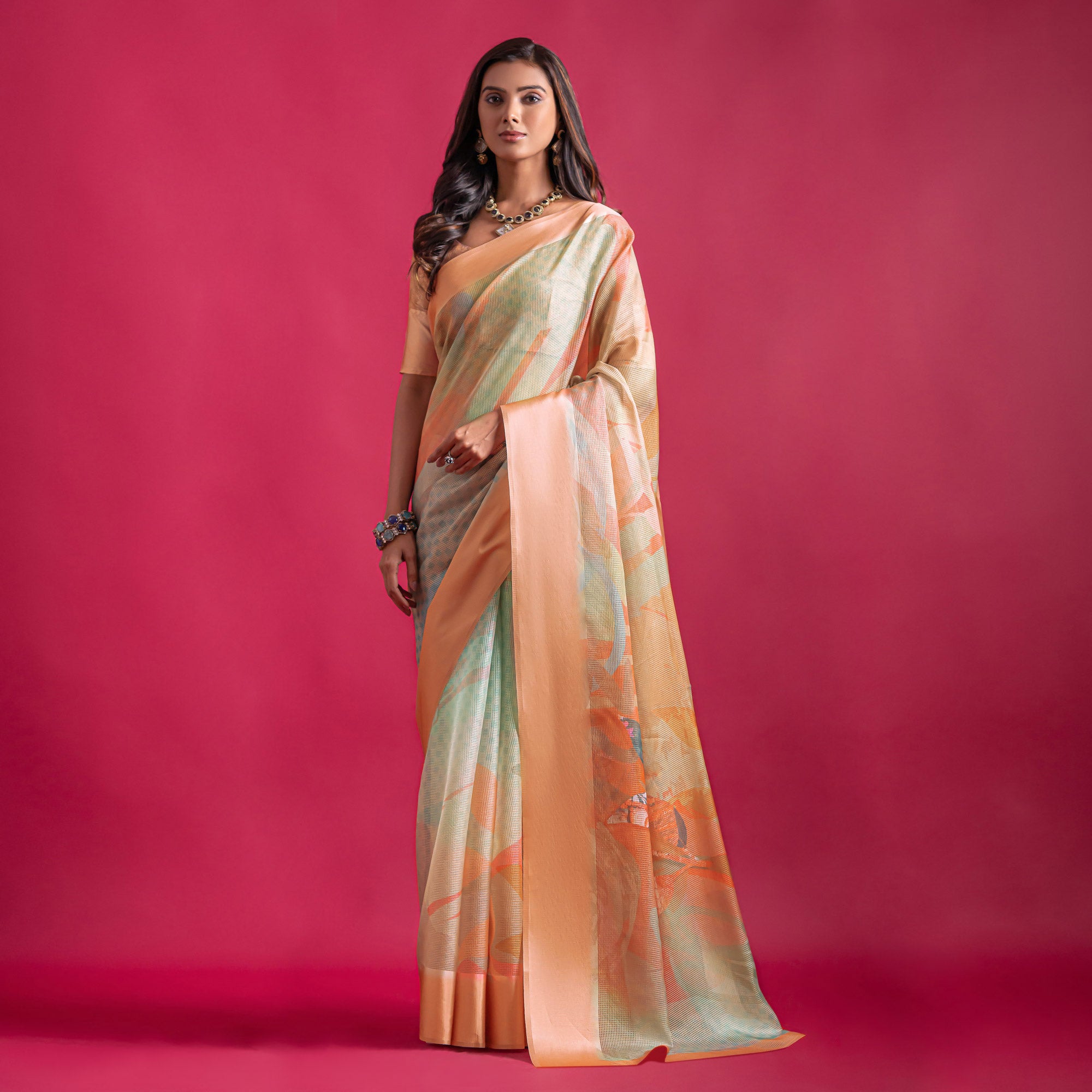 Peach Floral Digital Printed Linen Saree With Woven Border