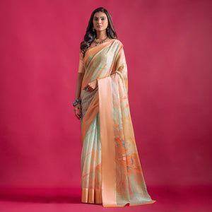 Peach Floral Digital Printed Linen Saree With Woven Border
