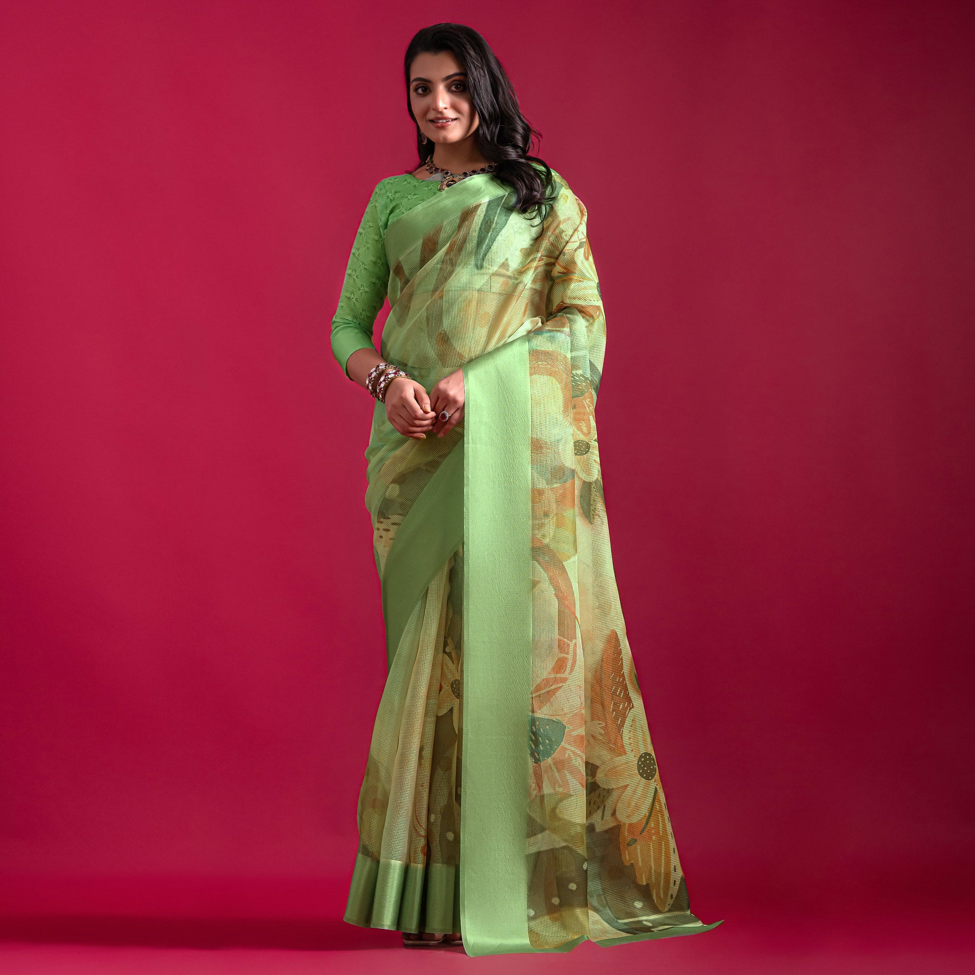 Green Floral Digital Printed Linen Saree With Woven Border