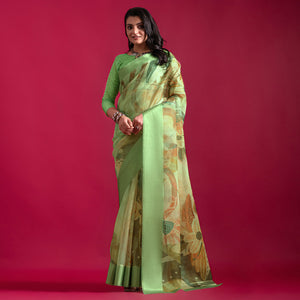 Green Floral Digital Printed Linen Saree With Woven Border