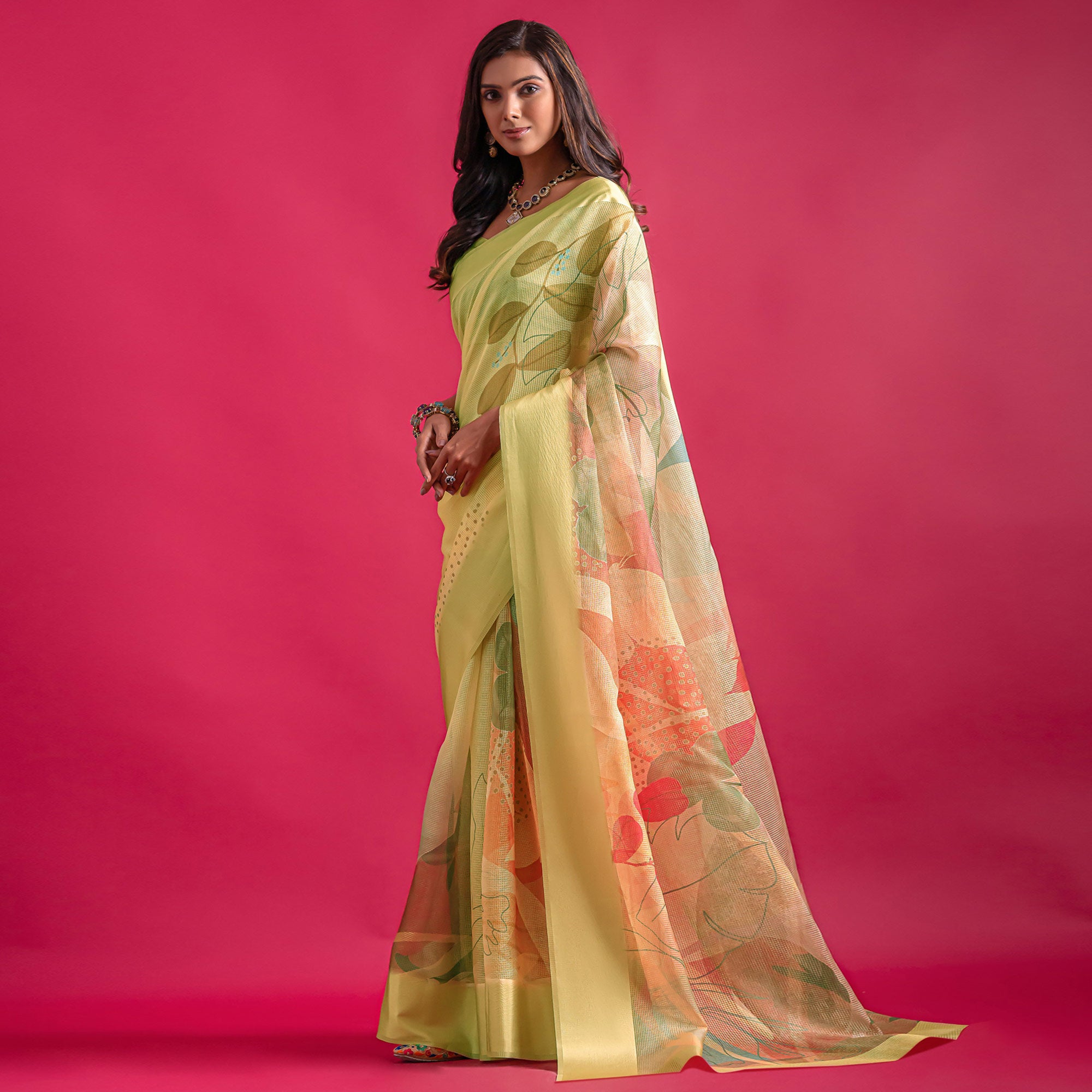 Yellow Floral Digital Printed Linen Saree With Woven Border