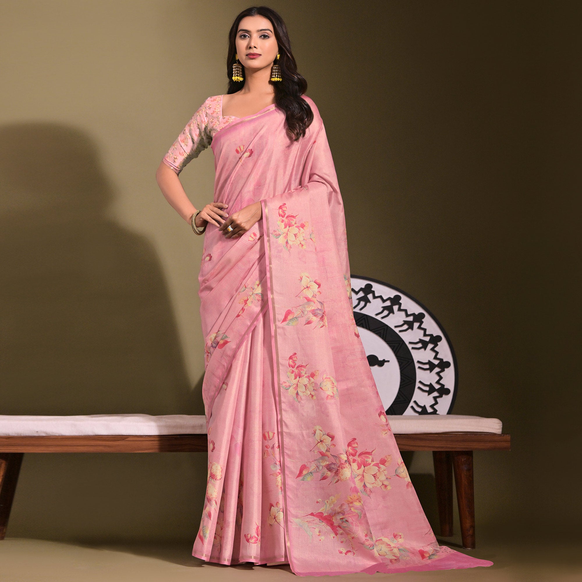 Pink Floral Digital Printed Tussar Silk Saree