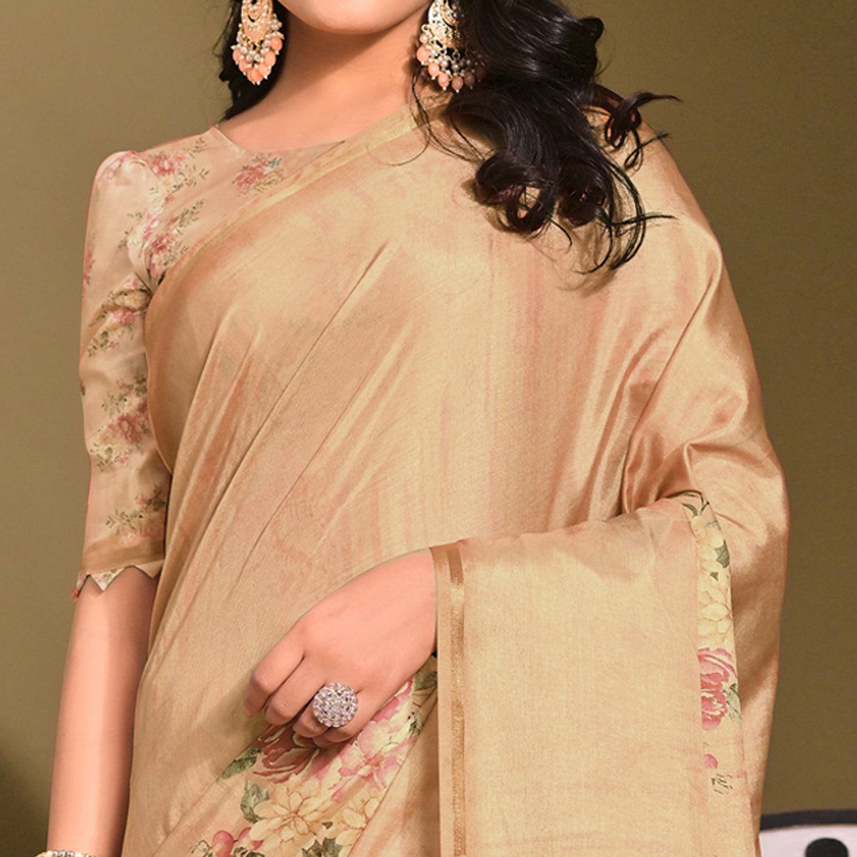 Orange Floral Digital Printed Tussar Silk Saree