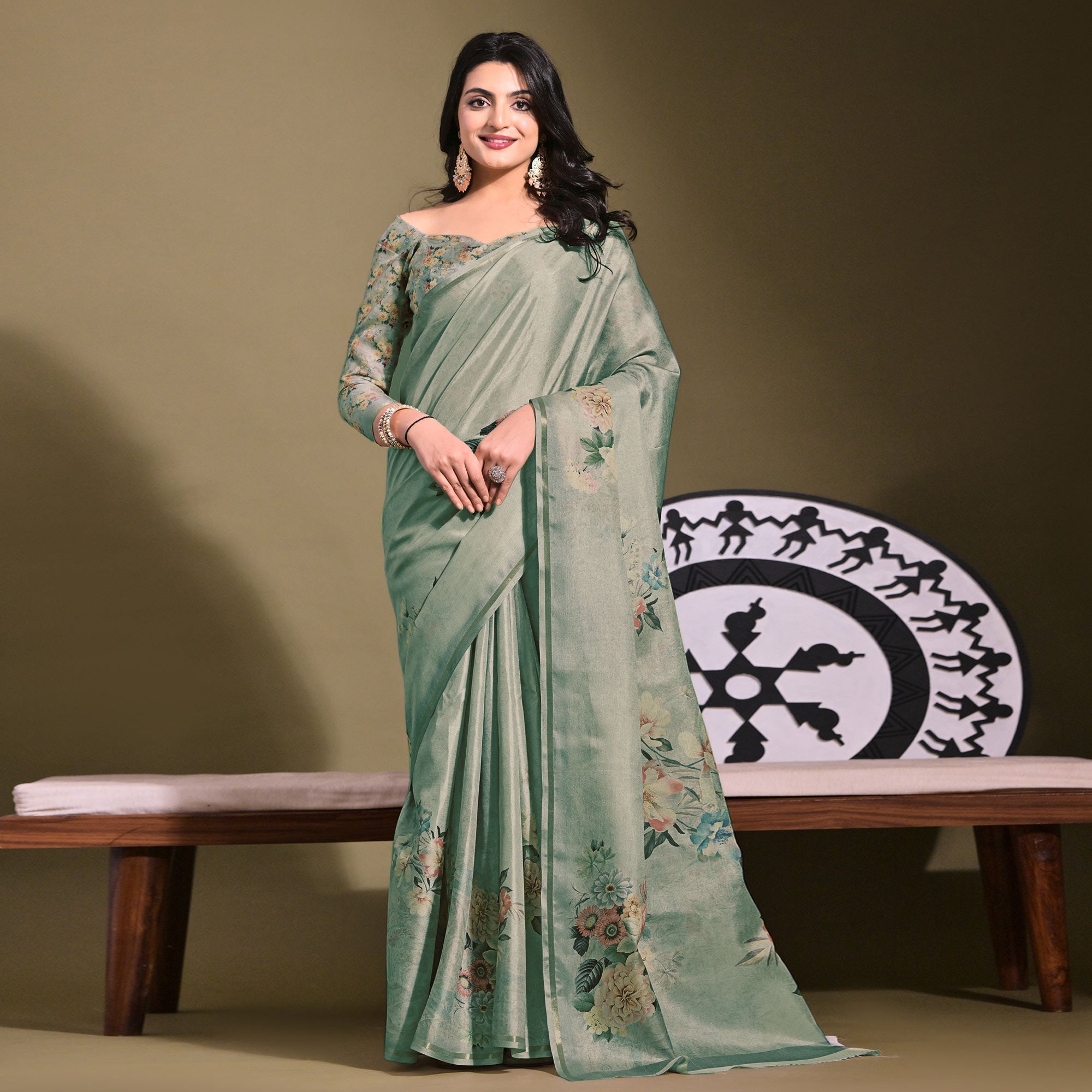 Grey Floral Digital Printed Tussar Silk Saree