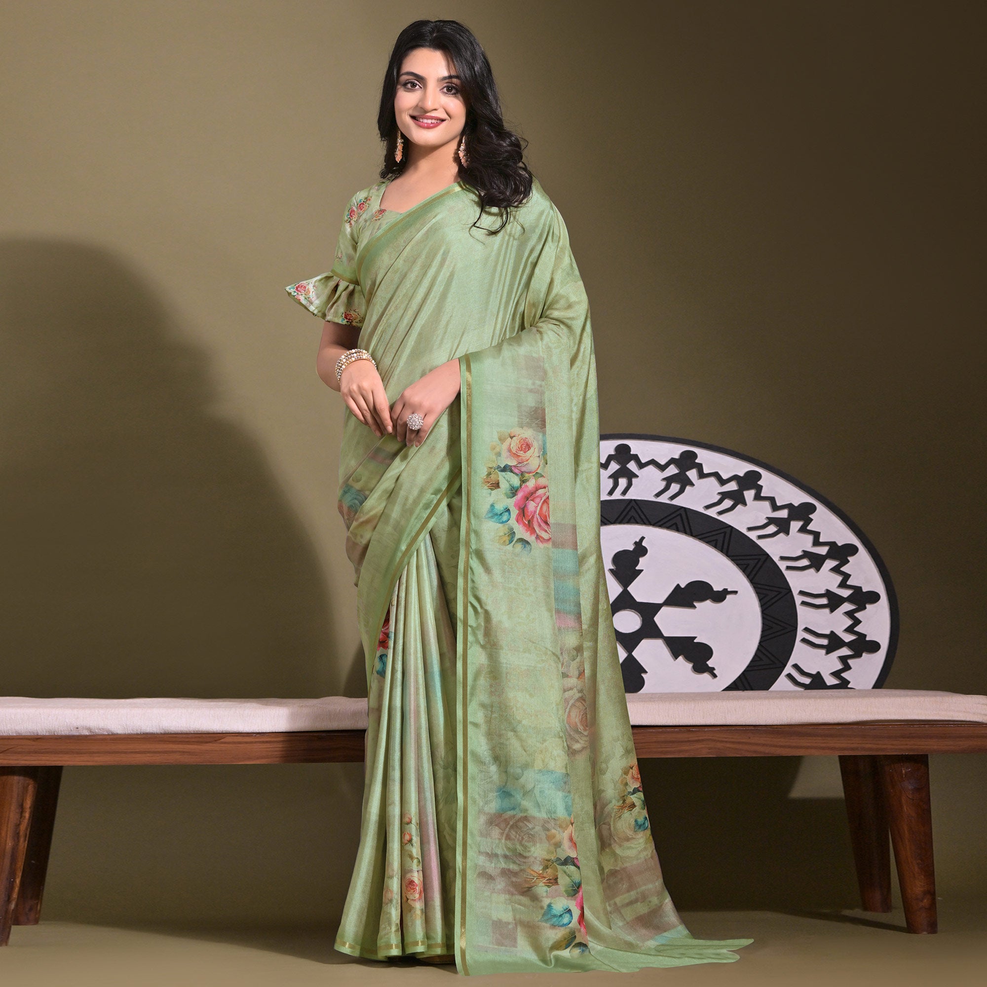 Green Floral Digital Printed Tussar Silk Saree
