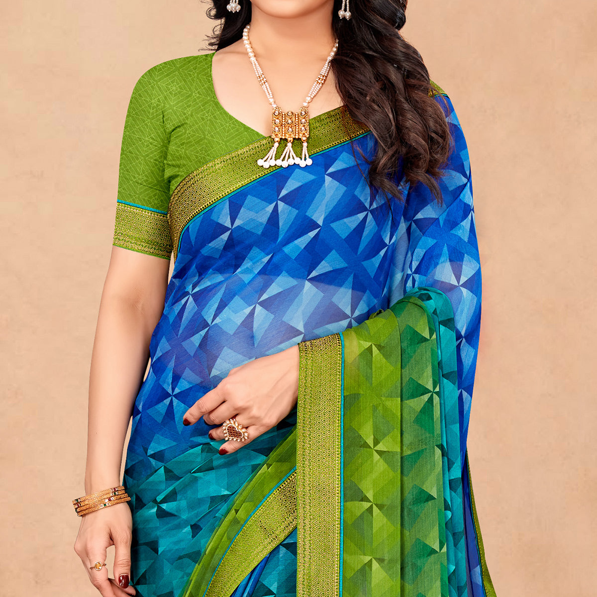 Blue & Green Geometric Printed Chiffon Saree