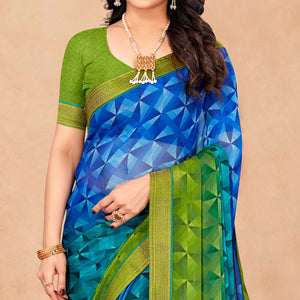 Blue & Green Geometric Printed Chiffon Saree
