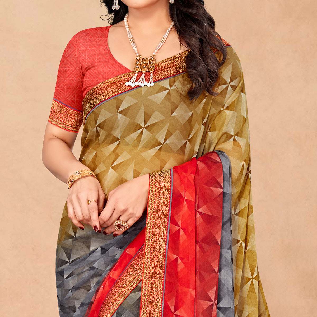 Multicolor Geometric Printed Chiffon Saree