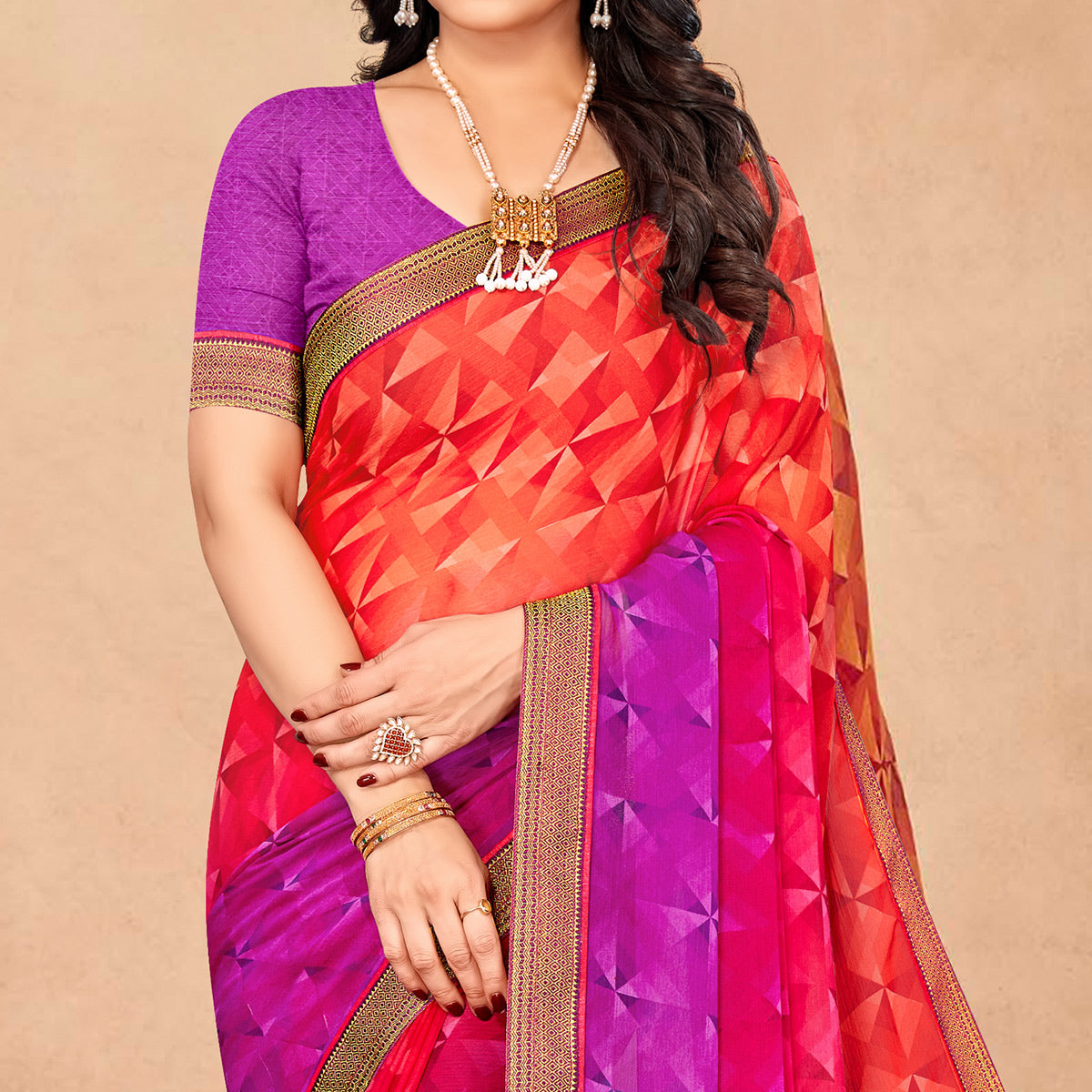 Red & Purple Geometric Printed Chiffon Saree
