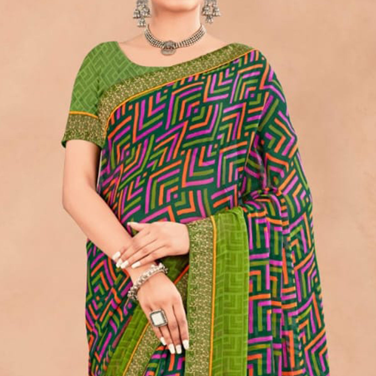 Green Geometric Printed Chiffon Saree