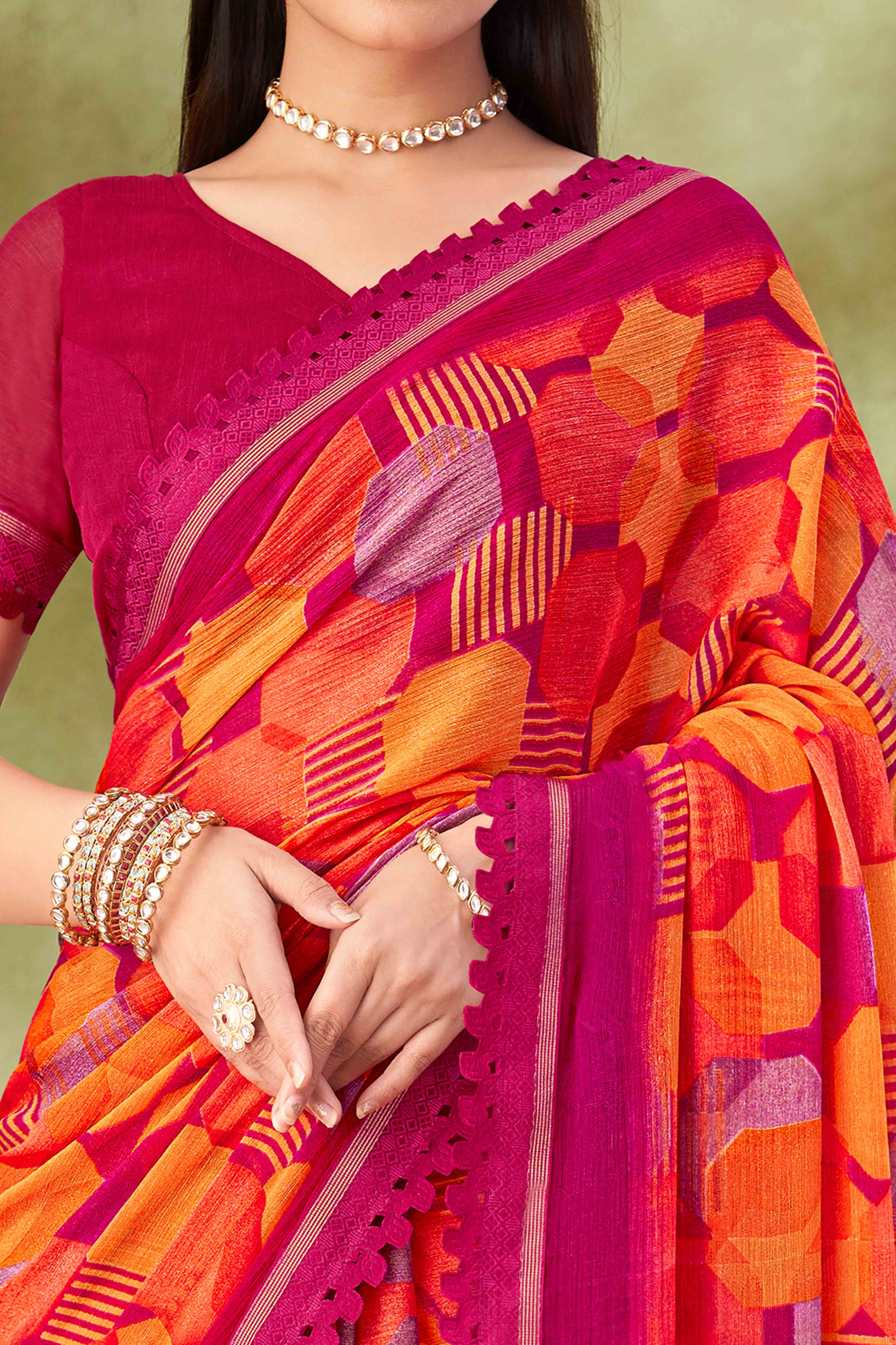 Magenta Digital Printed Chiffon Saree Accented With Elegant Lace Border