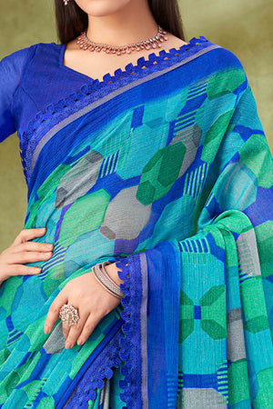 Royal Blue Digital Printed Chiffon Saree Accented With Elegant Lace Border