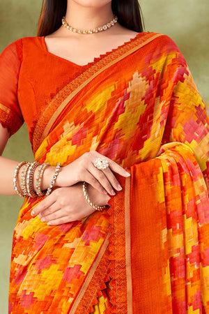 Orange Digital Printed Chiffon Saree Accented With Elegant Lace Border