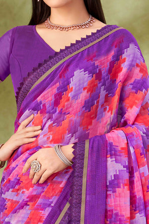 Purple Digital Printed Chiffon Saree Accented With Elegant Lace Border