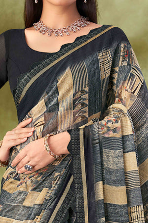 Black Digital Printed Chiffon Saree Accented With Elegant Lace Border