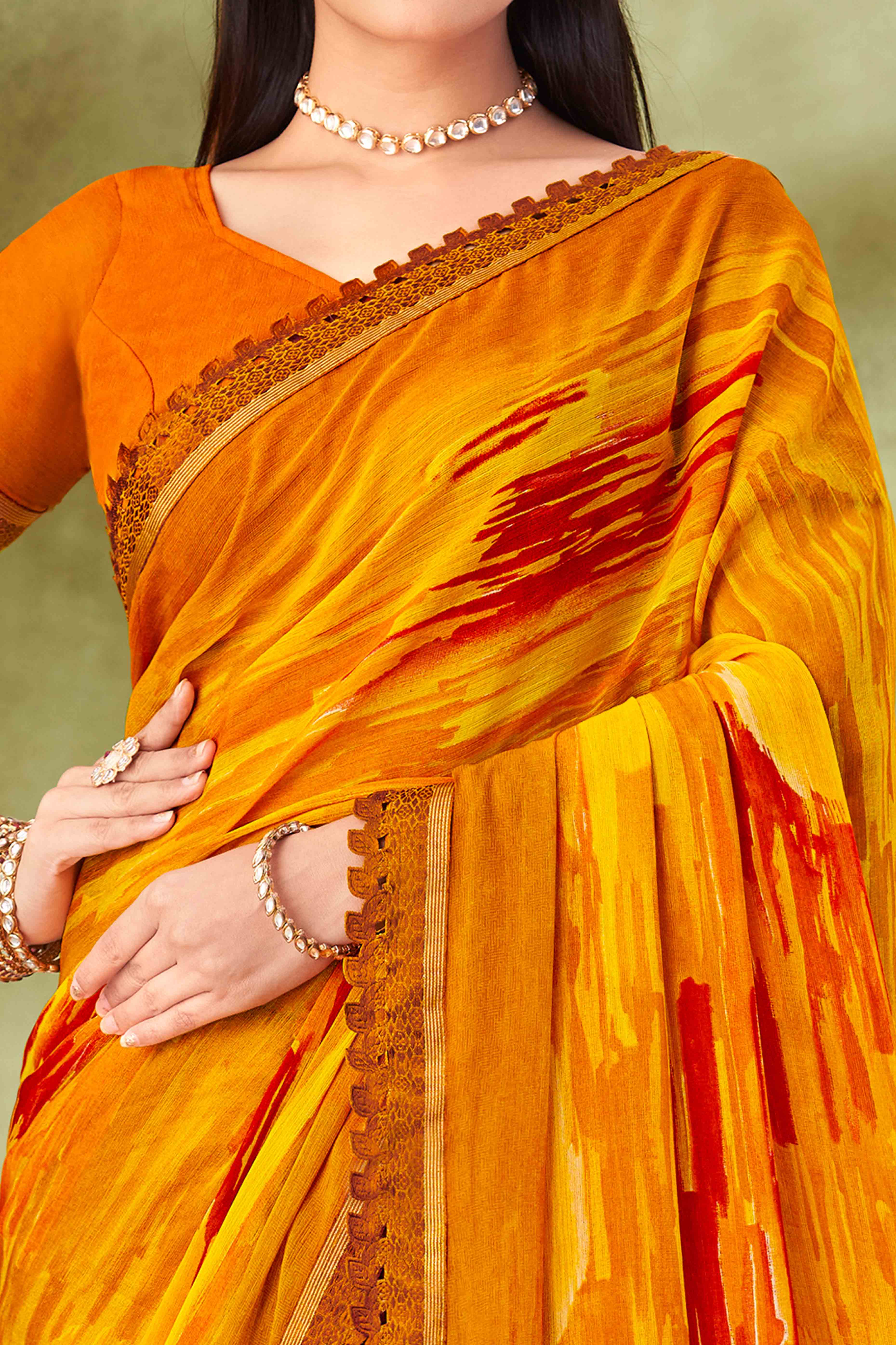 Mustard Digital Printed Chiffon Saree Accented With Elegant Lace Border