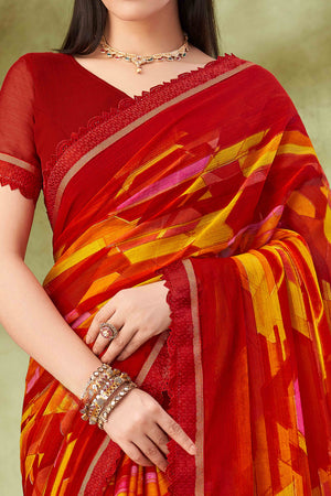 Maroon Digital Printed Chiffon Saree Accented With Elegant Lace Border
