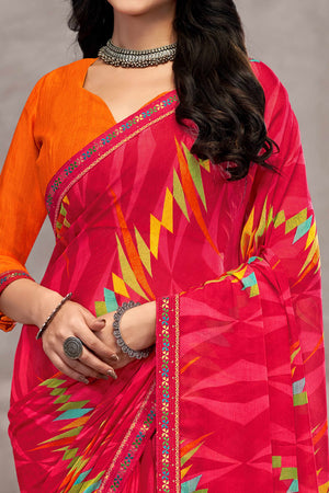 Elegant Pink Chiffon Saree Featuring Digital Print & Graceful Lace Border