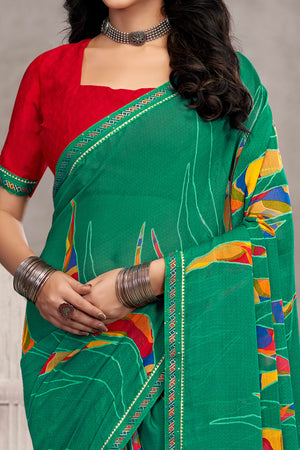 Elegant Green Chiffon Saree Featuring Digital Print & Graceful Lace Border